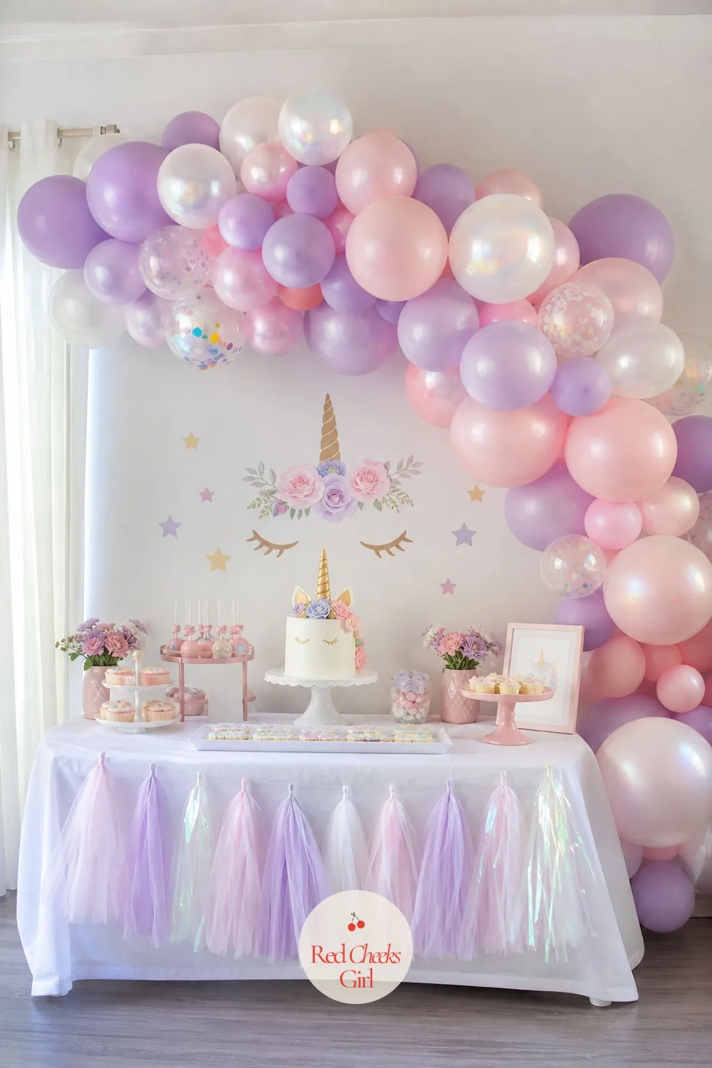 Pastel Balloon Arch — A bare wall behind the cake table photographs as an afterthought, no matter how good the cake is. Unicorn birthday party ideas