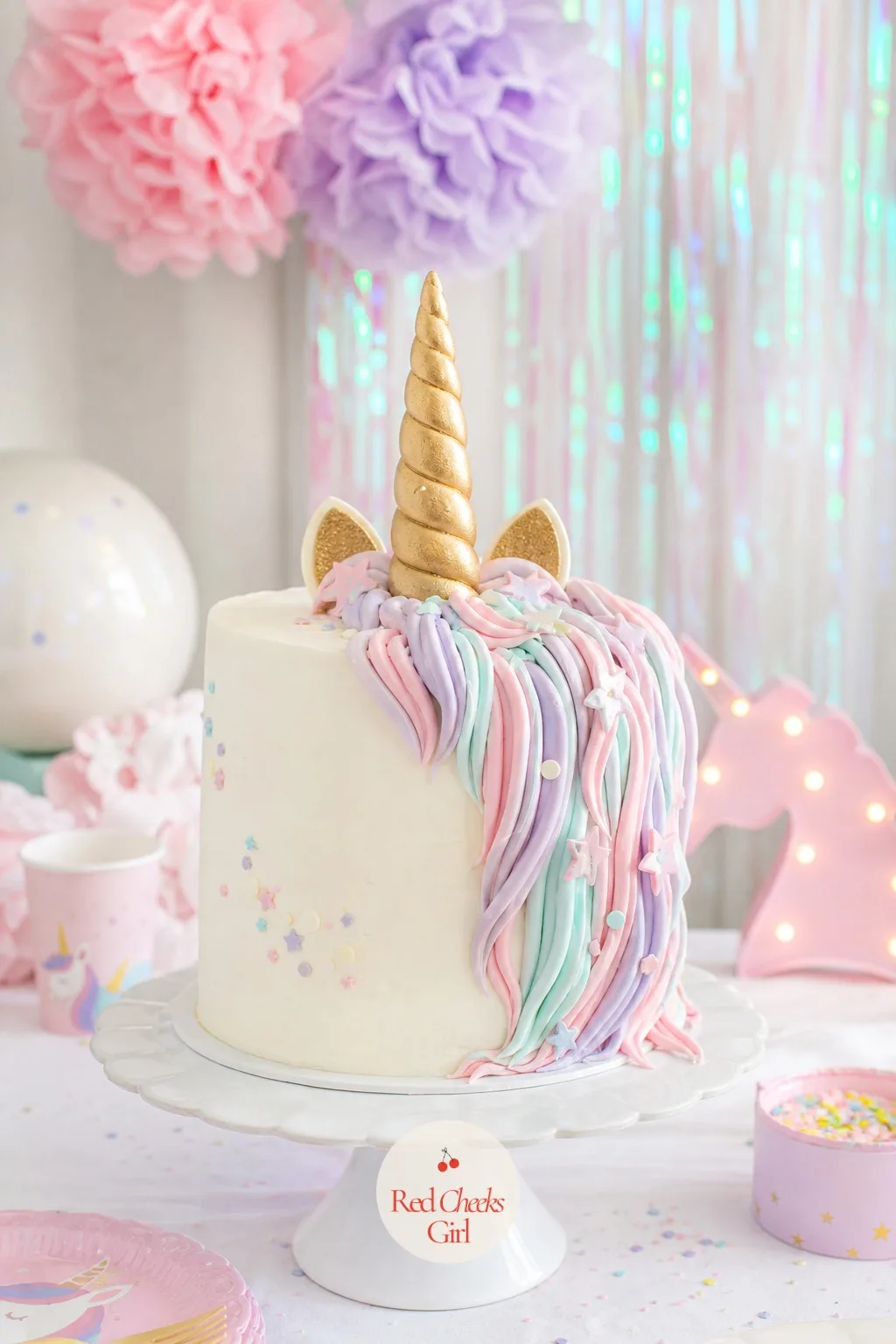 Unicorn Cake With a Gold Horn — She will ask for the cake before she asks for anything else, and this is the one that earns the gasp. Unicorn birthday party