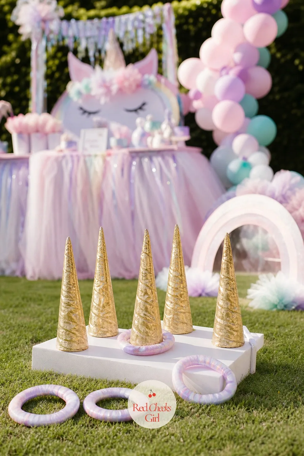 Unicorn Horn Ring Toss — For the guests who have already mastered pin the horn, this one keeps hands busy a little longer. Unicorn birthday party ideas