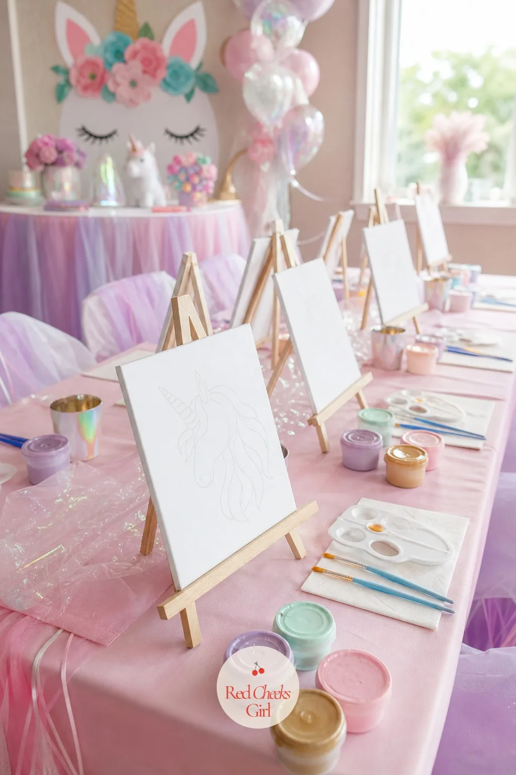 Unicorn Painting Table With Mini Easels — A party that is only looked at gets restless fast. Unicorn birthday party ideas