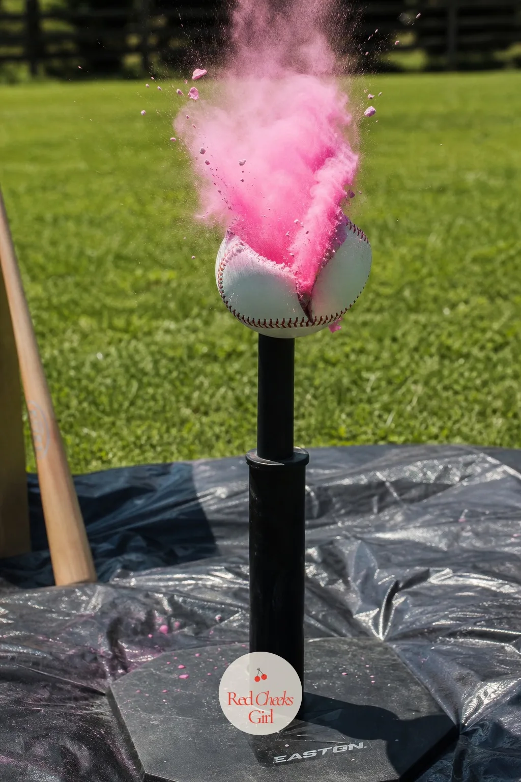 Baseball Powder Smash — A regular looking baseball sits on a tee as if batting practice is about to start. Unique gender reveal ideas