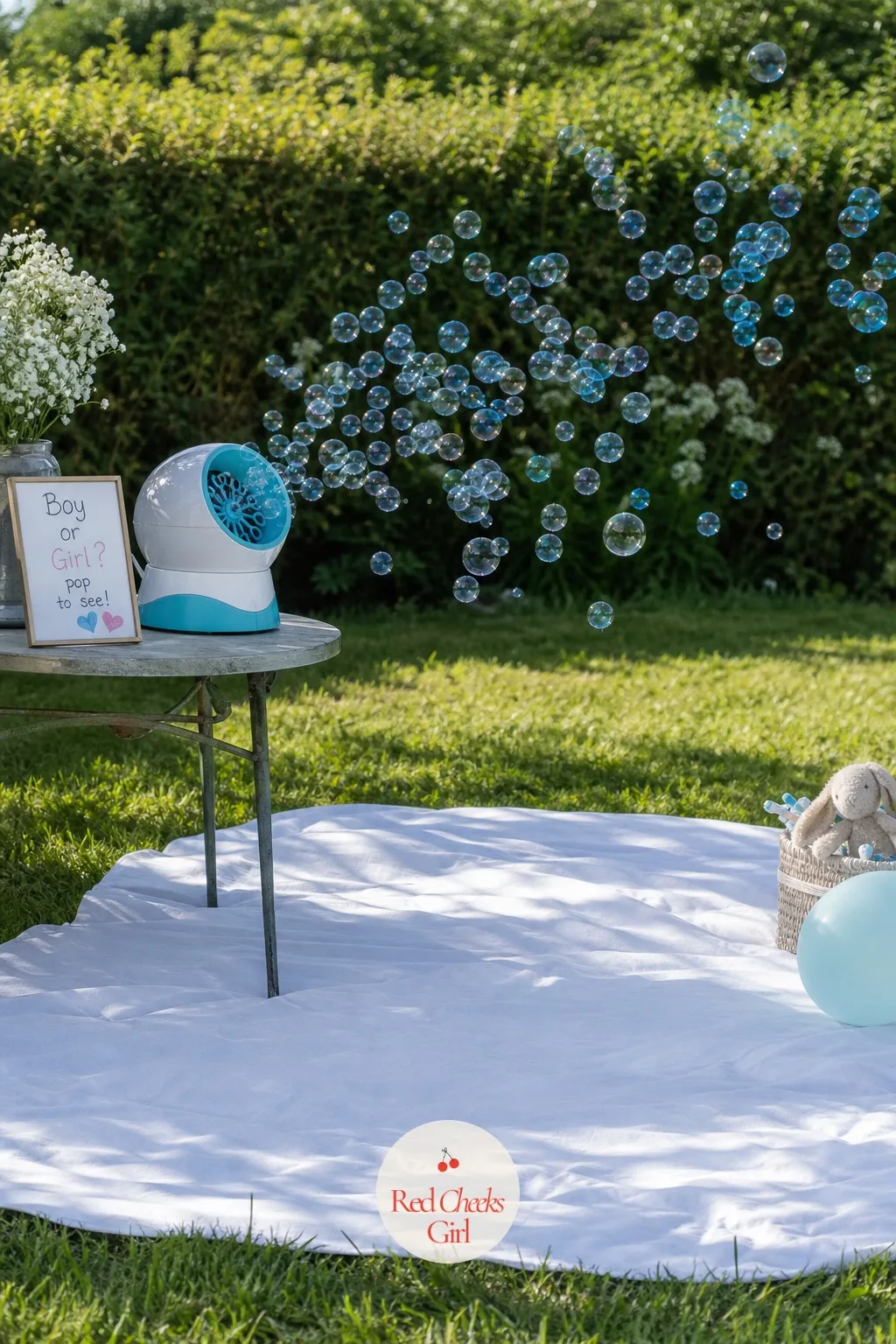 Bubble Machine Reveal — A steady stream of ordinary bubbles drifts across the lawn until one batch, mixed with a drop of food color, leaves a faint pink or