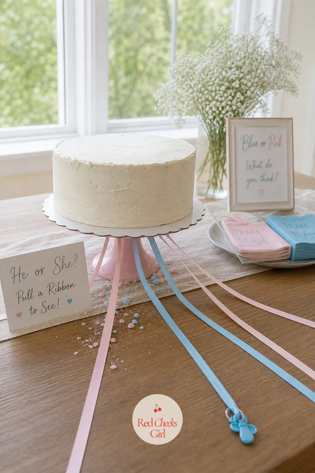 Cake Pull Ribbon Reveal — Thin ribbons trail out from under a plain cake, each one looking exactly the same, and only the person who pulls the right one gets a