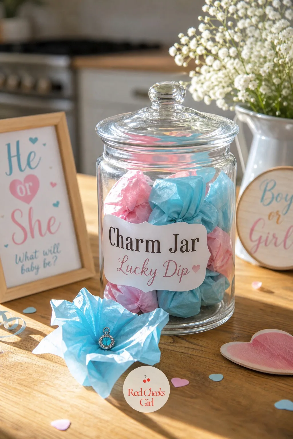Charm Jar Lucky Dip — A glass jar of identical wrapped charms sits on the table like party favors waiting to be handed out, except only one guest draws the