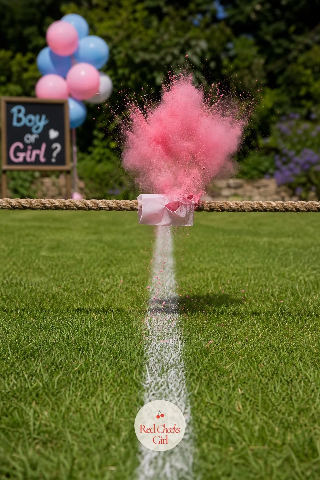 Color Powder Tug-of-War Rope — A plain rope stretches across the lawn with two teams pulling against each other, and a hidden packet tied at the center line