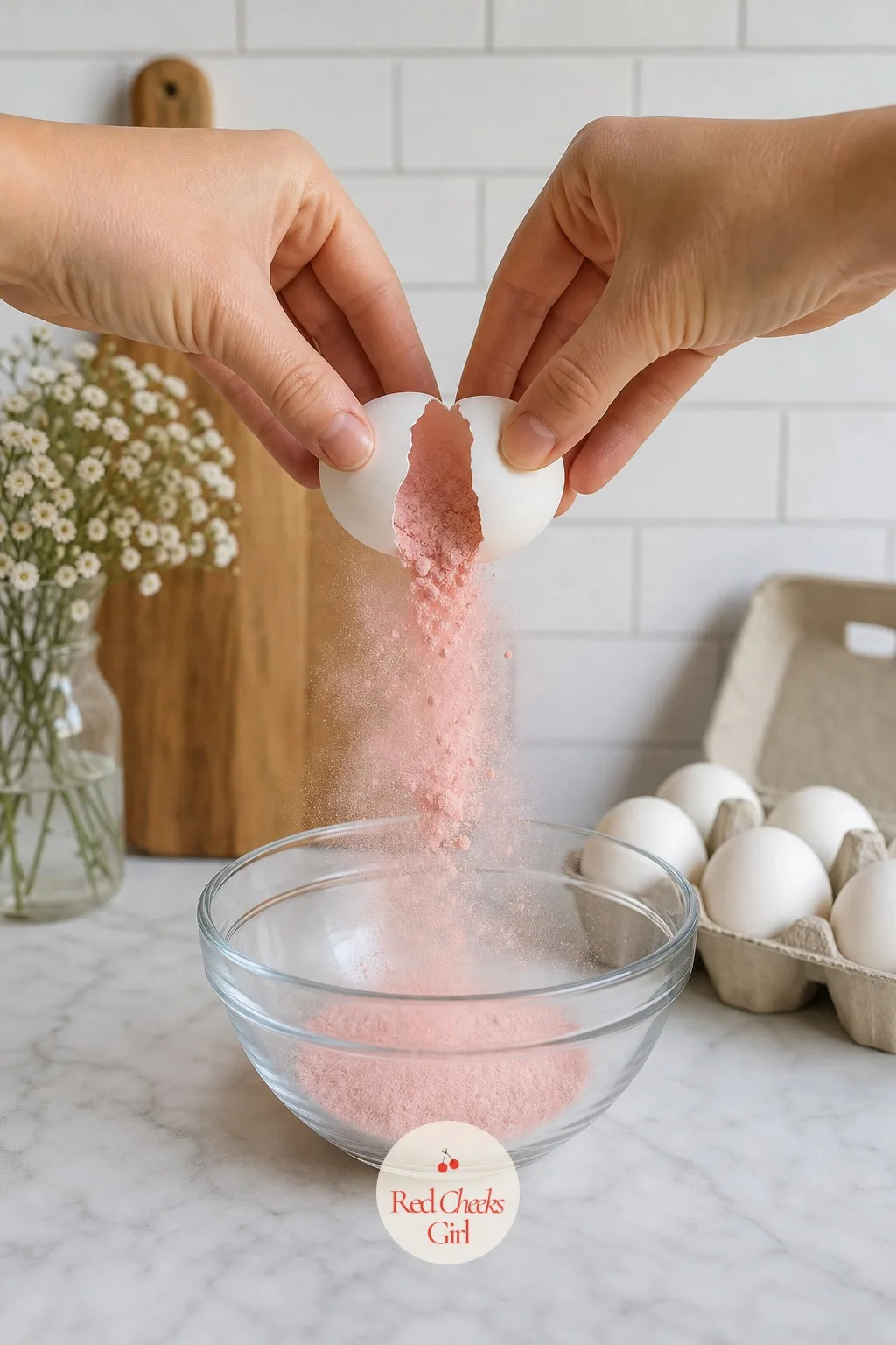 Confetti-Filled Egg Crack — A carton of plain white eggs sits on the counter as if breakfast is coming, except one shell, tapped open over a bowl, lets out a