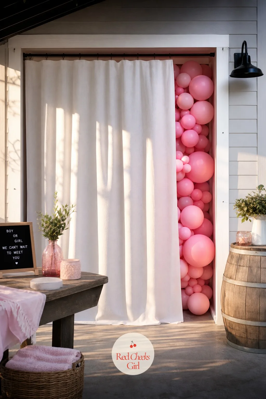 Curtain-Drop Backdrop Reveal — Behind a plain white curtain, nothing. Unique gender reveal ideas