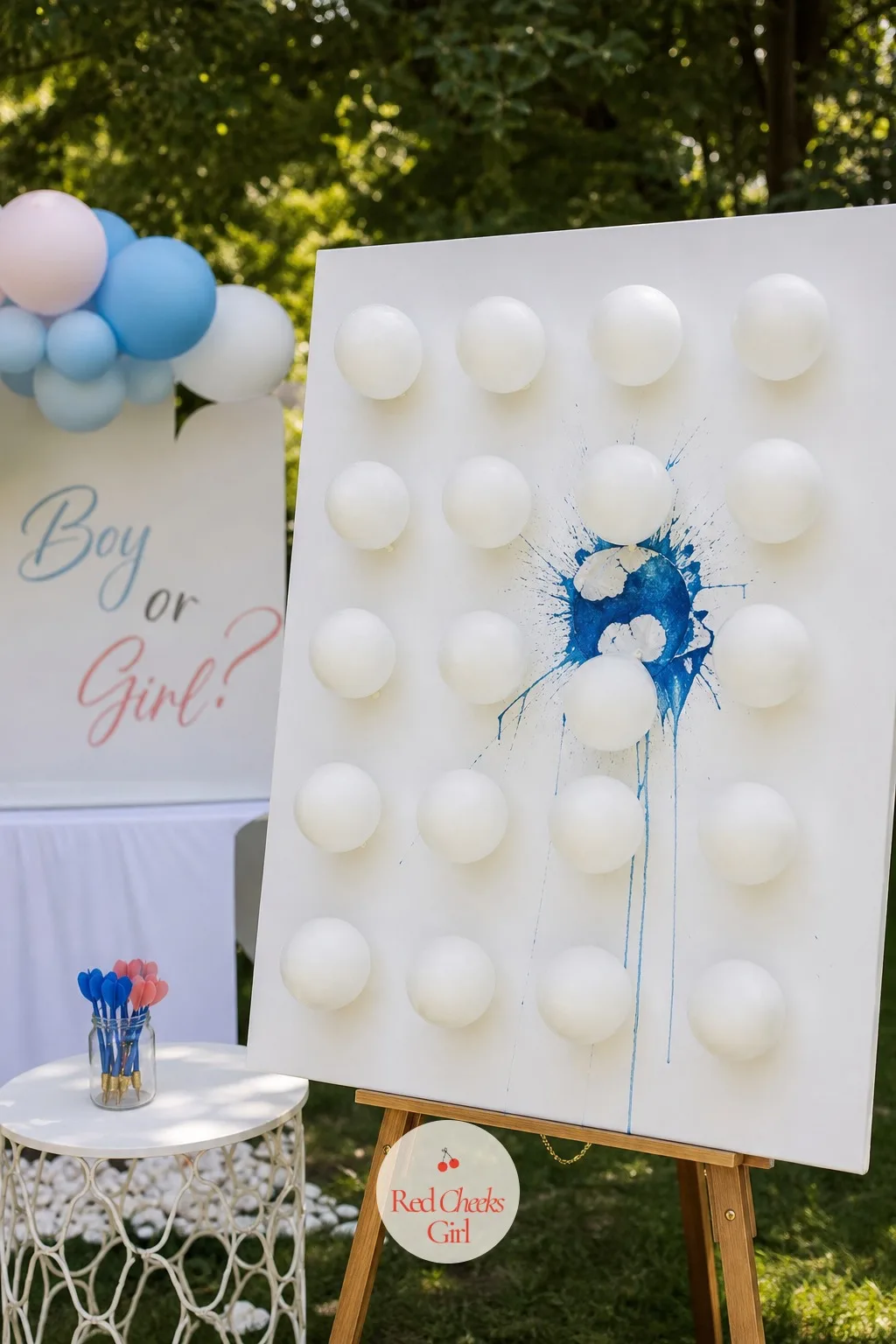 Dartboard Paint Pop Canvas — Nine balloons pinned flat to a blank canvas look like a game before anyone has thrown anything. Unique gender reveal ideas