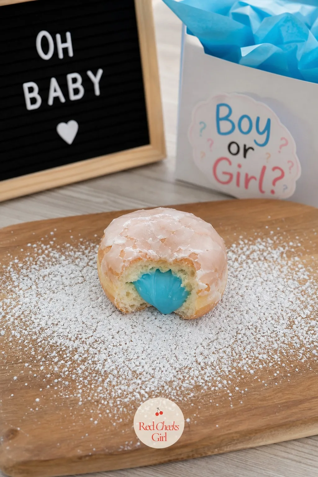 Filled Donut Hole Reveal — A plain glazed donut looks like any other on the stand, until the first bite shows a core of pink or blue custard instead of plain