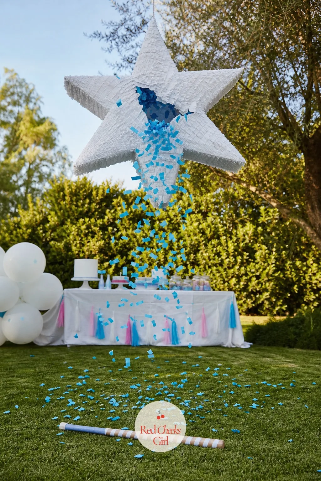 Giant Piñata Drop — It hangs there neutral and round for the whole party, giving nothing away, until one good hit splits it and colored confetti falls instead