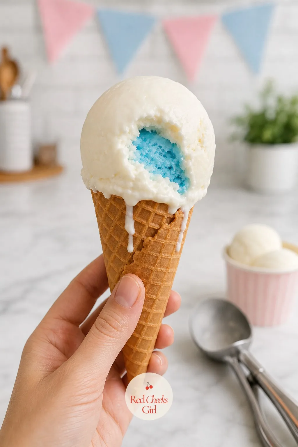 Ice Cream Scoop Reveal — A single scoop sits neutral and pale on a plain cone, until the first scoop underneath comes up in solid pink or blue and the whole