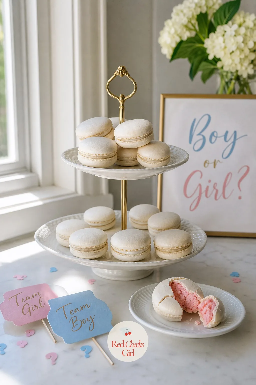 Macaron Crack Reveal — A small tower of plain white macarons looks like dessert and nothing more, until the shell cracks open on one and the cream inside turns