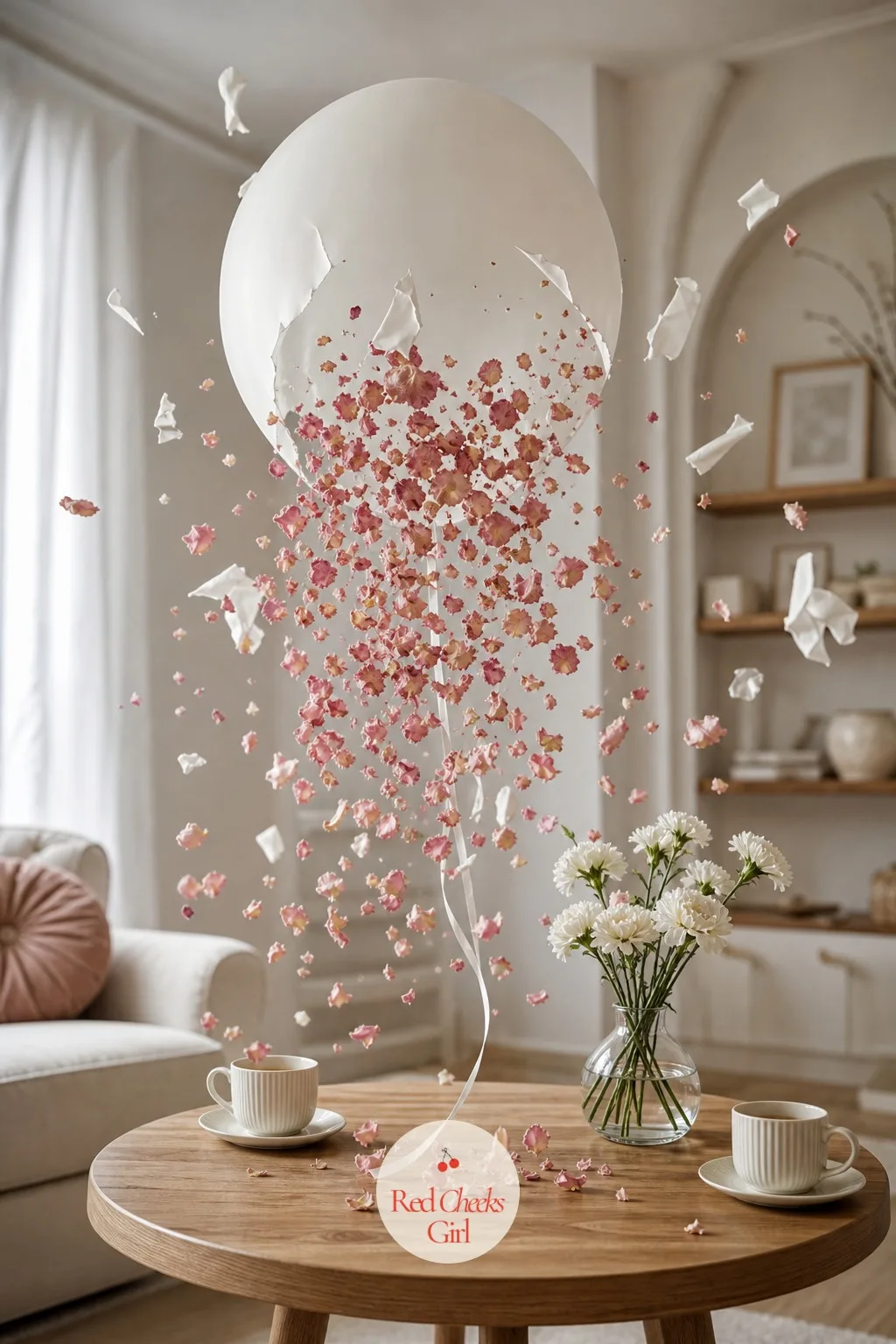 Petal-Filled Balloon Reveal — A single clear balloon, tied loosely and left to bob over the table, looks like it is full of nothing but air until it pops and a