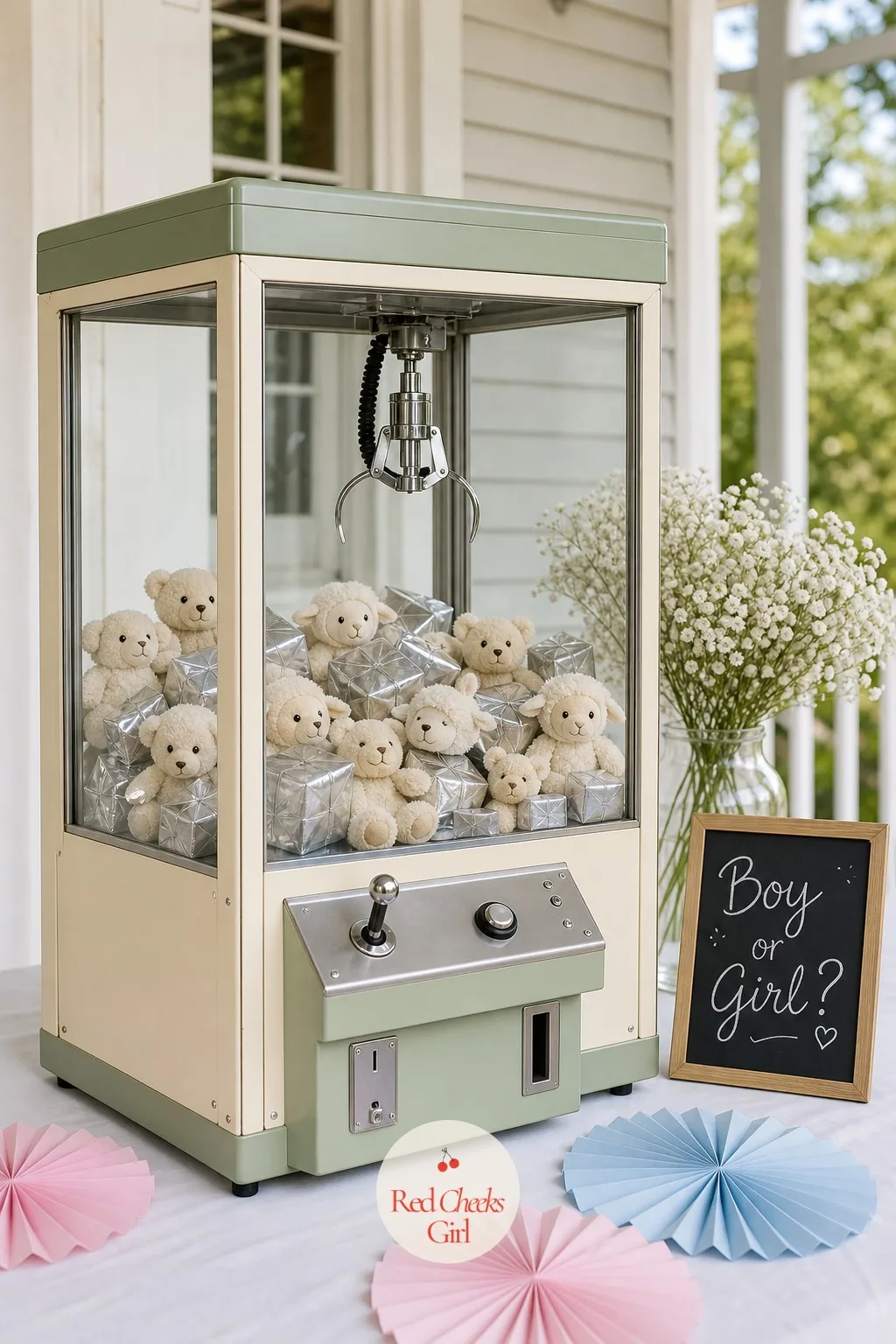 Retro Claw Machine Pick — A proper arcade claw machine, borrowed or rented for the day, sits stocked with identical plush toys in one neutral color, bar one