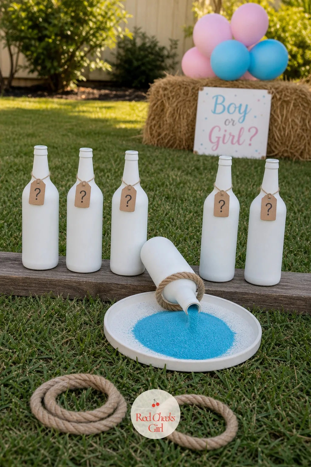 Ring Toss Bottle Reveal — A row of plain glass bottles stands at the back of the lawn, each one looking identical until a ring lands around the single bottle