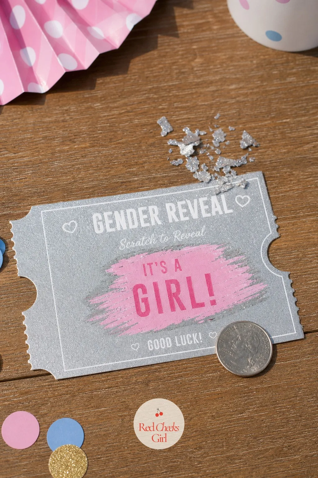 Scratch Ticket Reveal Card — A card that looks exactly like a lottery scratcher sits propped on the gift table, and a coin is all it takes to find the color