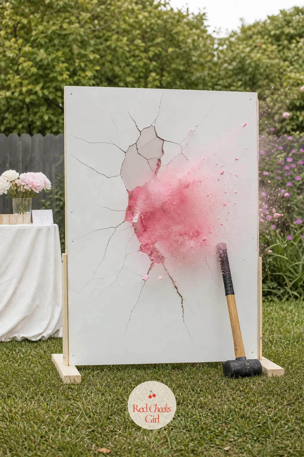 Sledgehammer Wall Reveal — A blank drywall panel sits in the middle of the yard like an odd art installation, until someone swings and colored powder sprays
