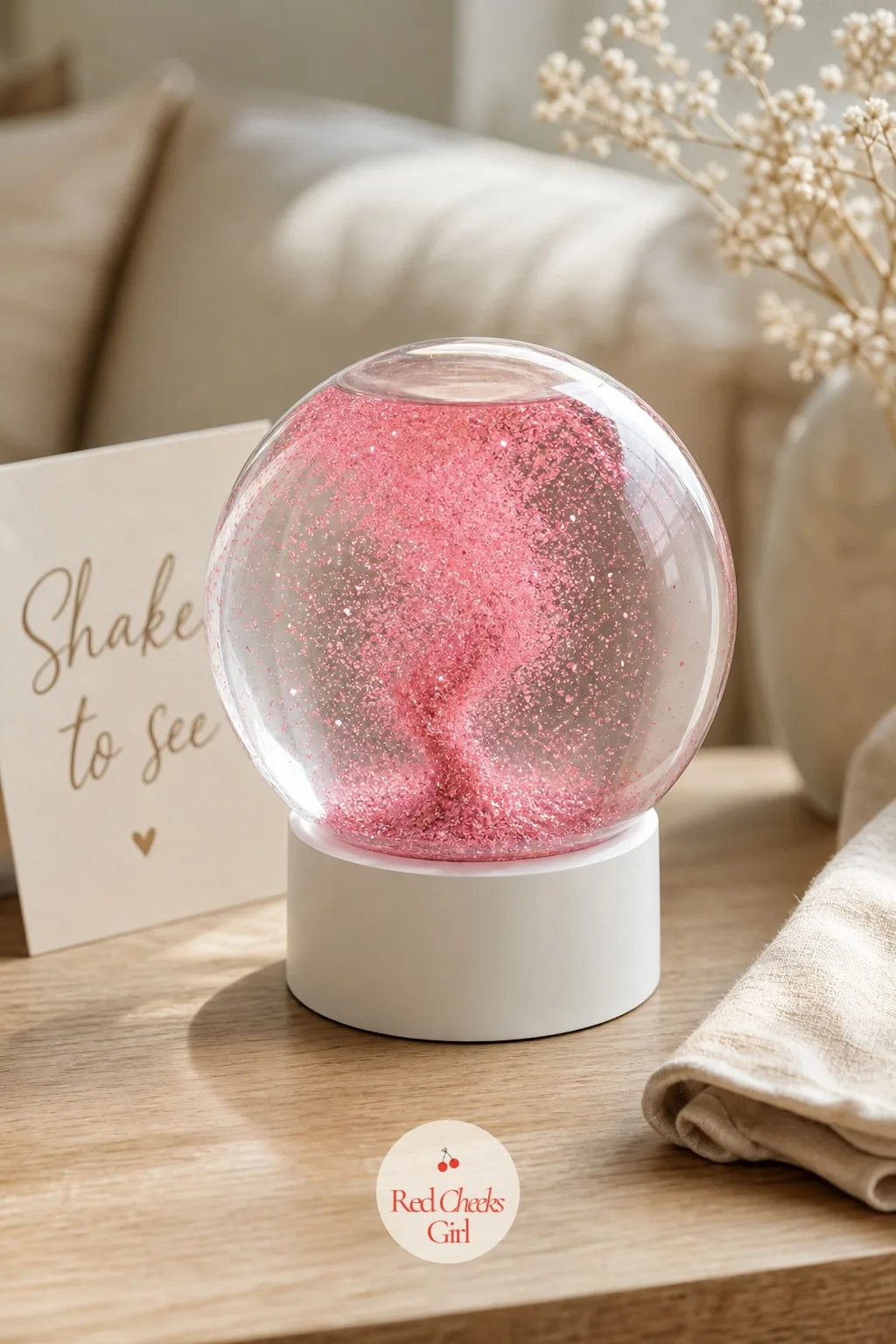 Snow Globe Shake Reveal — A plain glass globe sits still on the shelf, the liquid inside clear, until a good shake stirs up a storm of pink or blue glitter