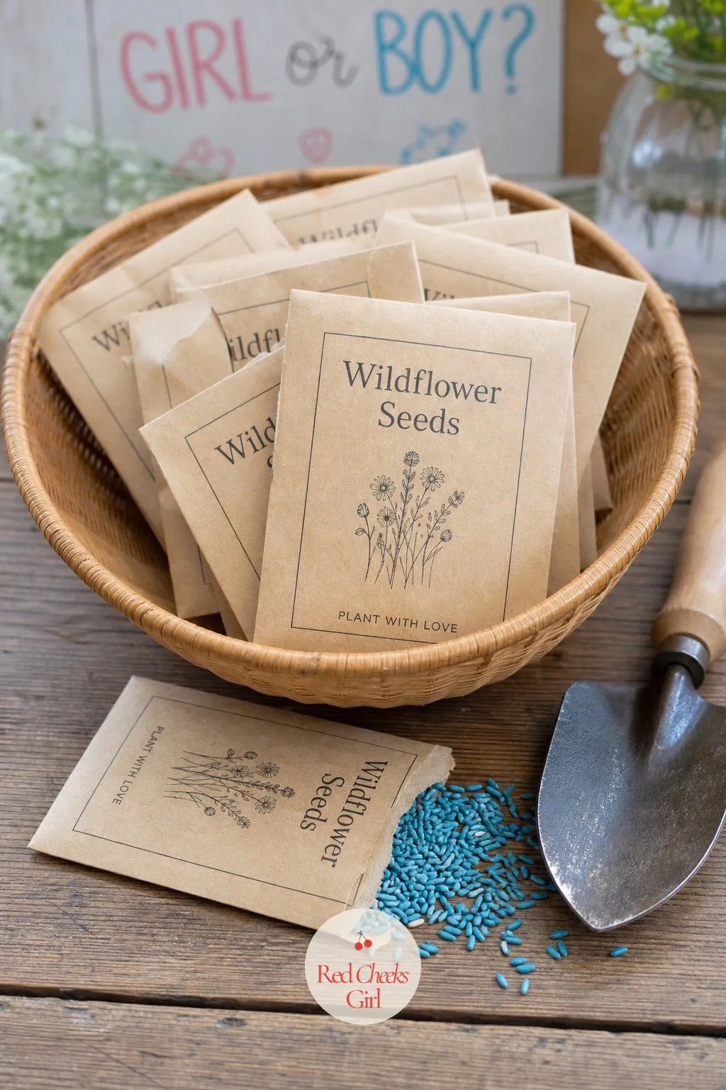 Wildflower Seed Packet Pick — A small basket of identical brown paper packets sits on the table, and only one, opened at random, holds seeds dyed in the color