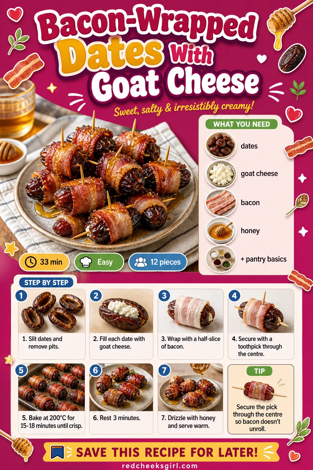 Bacon-Wrapped Dates With Goat Cheese Recipe Card printable sheet — A printable card for bacon-wrapped, goat cheese stuffed dates. Valentine appetizers