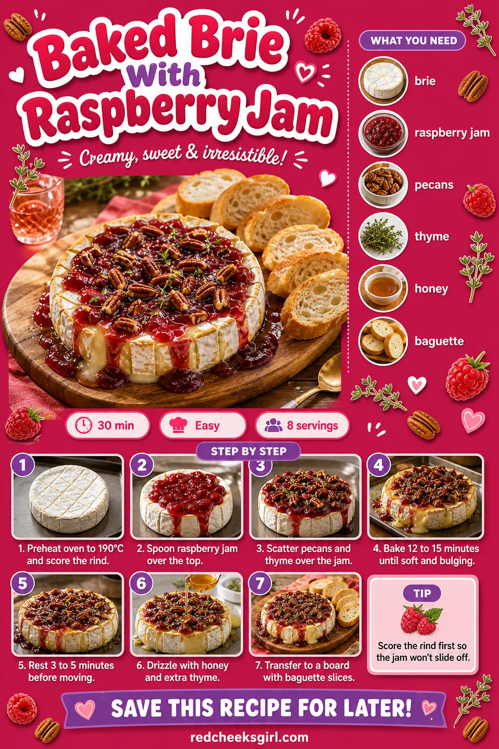 Baked Brie With Raspberry Jam Recipe Card printable sheet — A printable card for a warm baked brie topped with raspberry jam and pecans. Valentine appetizers