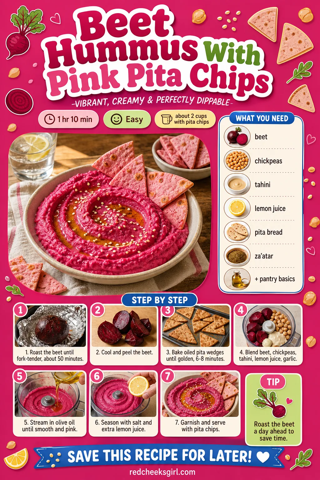 Beet Hummus With Pink Pita Chips Recipe Card printable sheet — A printable card for magenta beet hummus served with pink-tinted pita chips. Valentine appetizers