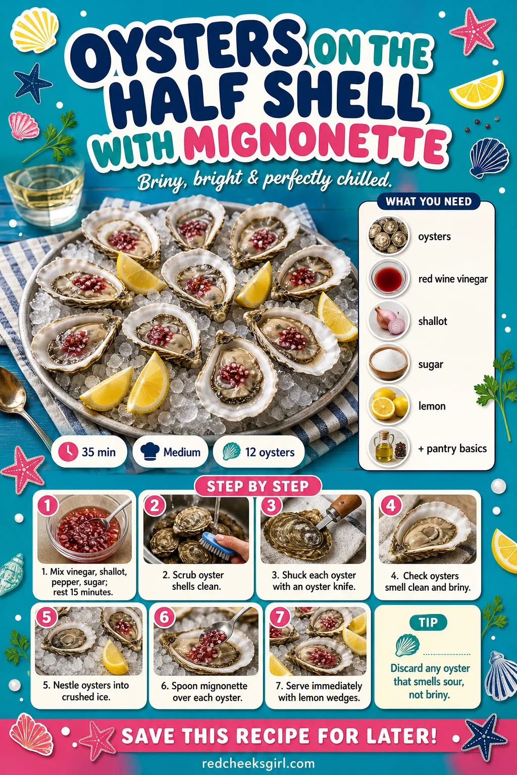 Oysters on the Half Shell With Mignonette Recipe Card printable sheet — A printable card for shucked oysters served over ice with mignonette, built from the