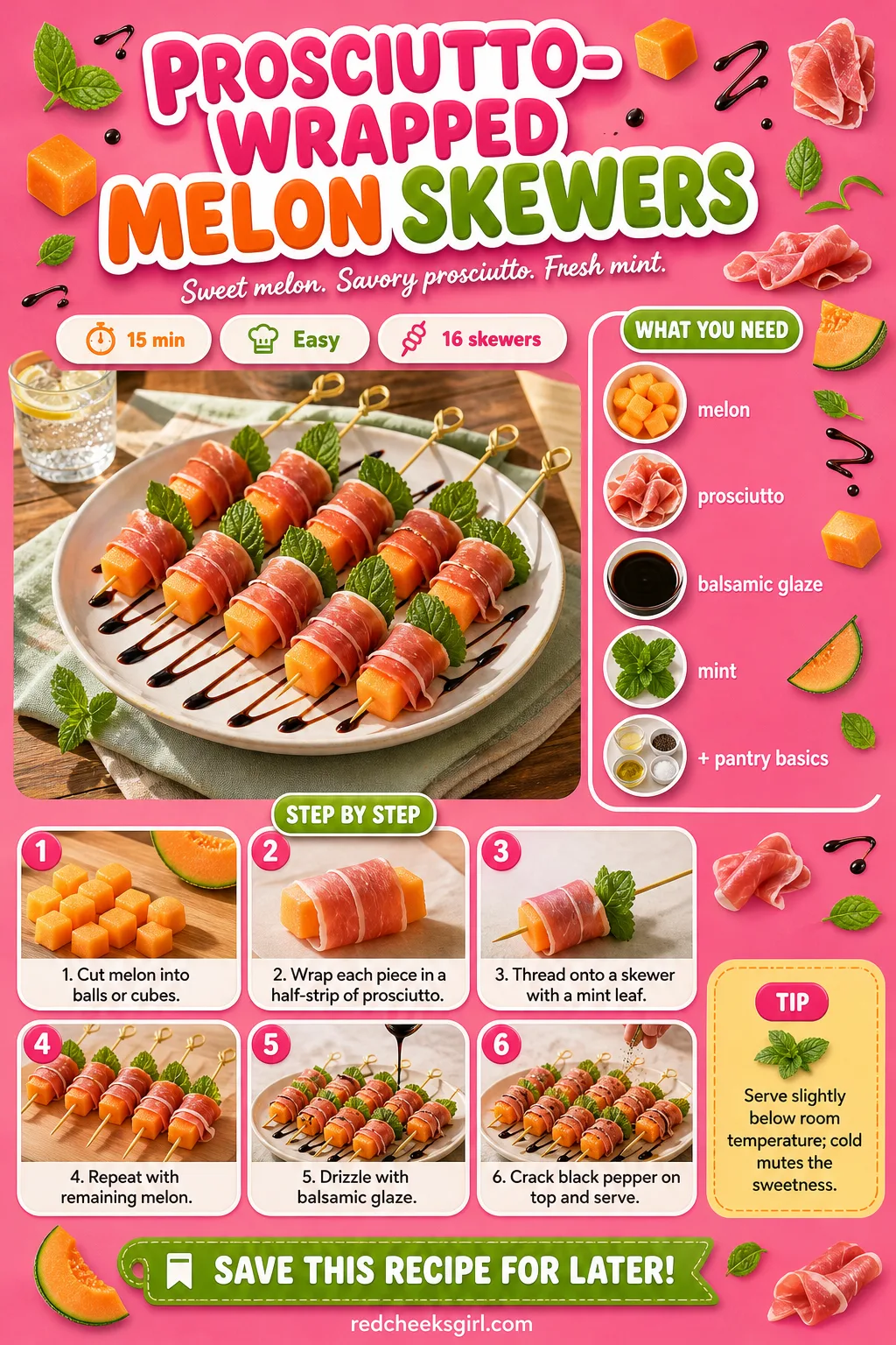 Prosciutto-Wrapped Melon Skewers Recipe Card printable sheet — A printable card for melon and prosciutto skewers with balsamic glaze. Valentine appetizers