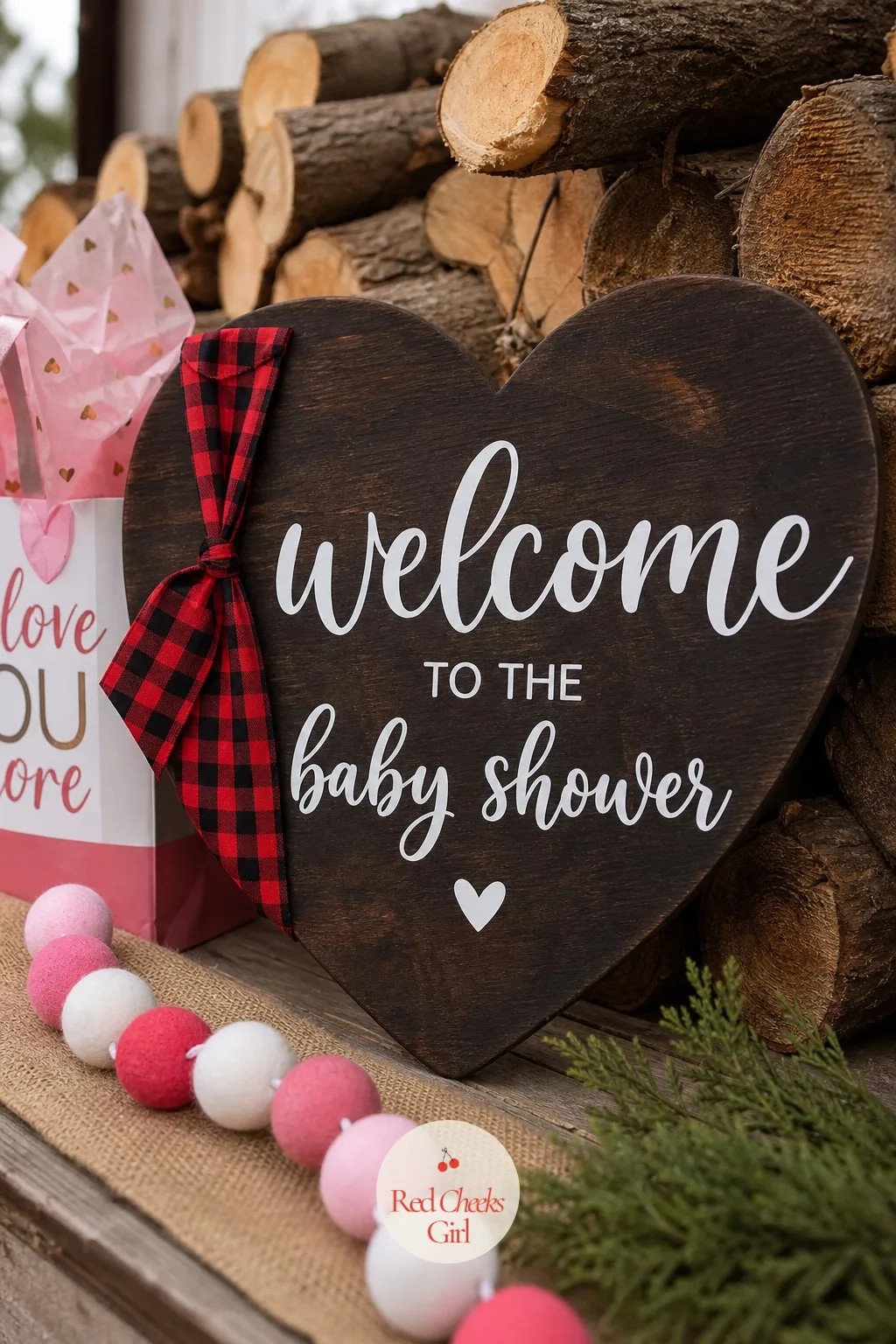 Buffalo Plaid Heart Welcome Sign — For the shower that already knows it is a boy, swap the script for something sturdier: a dark wood sign with 'a little