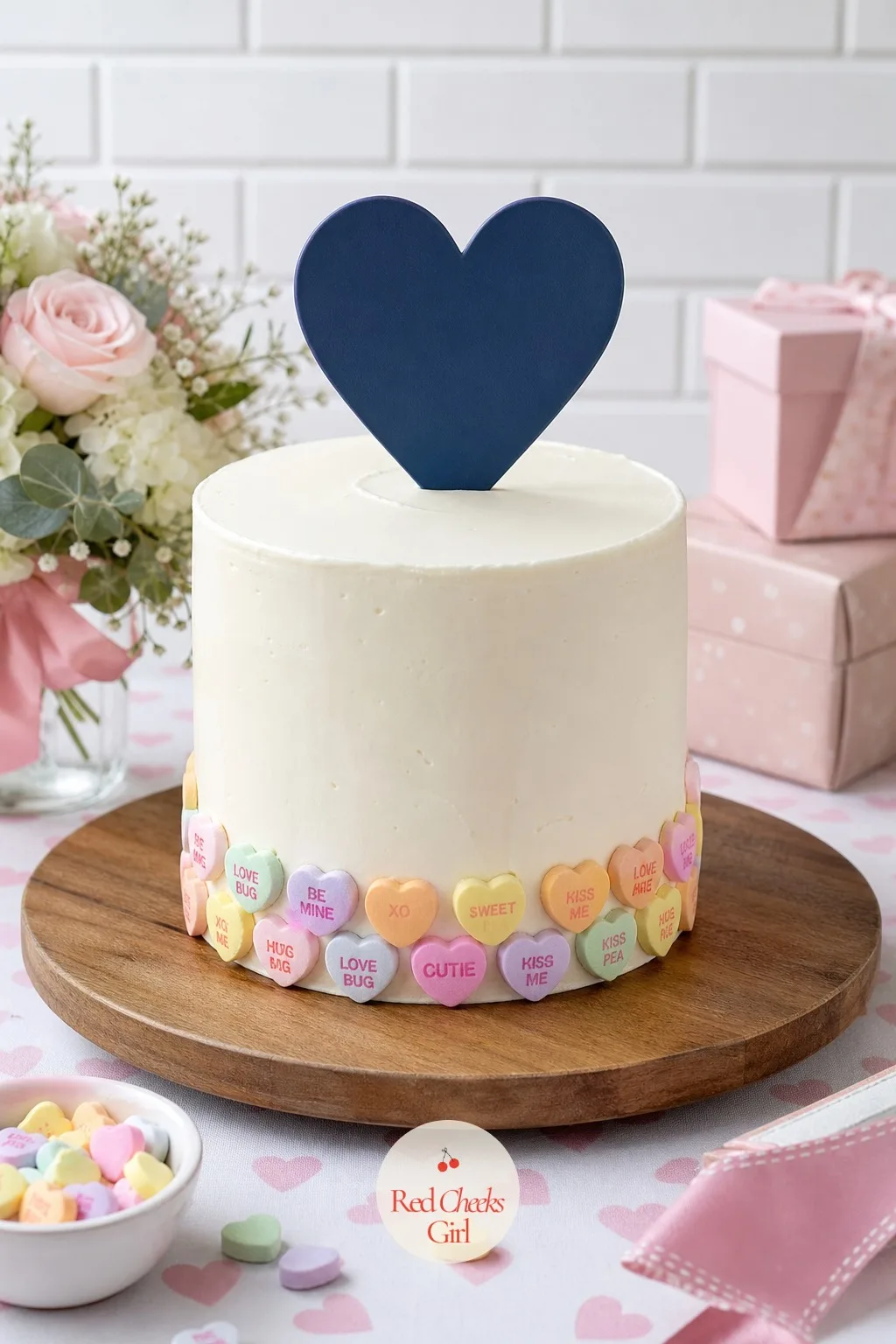 Candy Heart Topper Cake — Not every shower wants a rosette cake, and that is fine. Valentine baby shower
