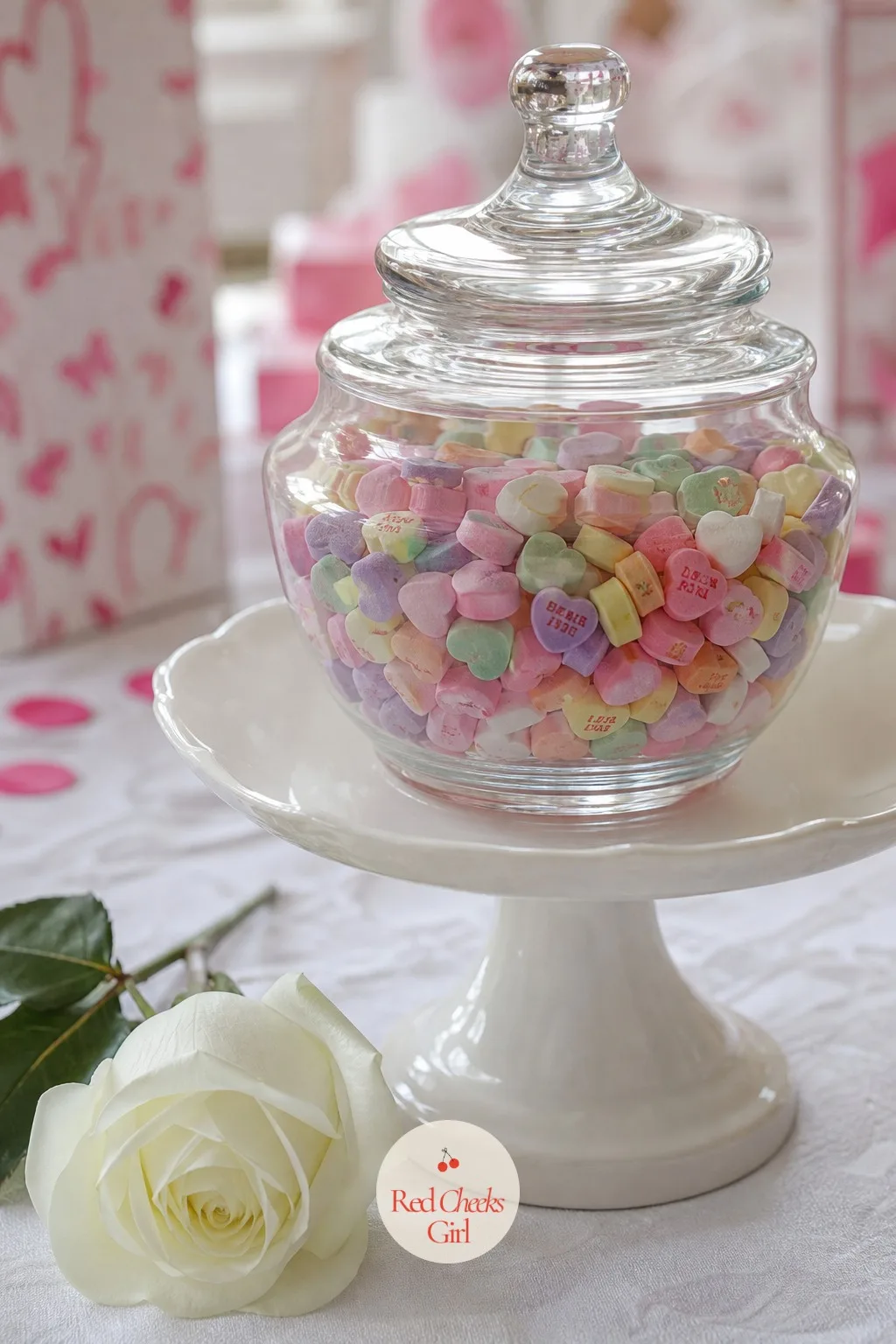 Conversation Heart Candy Jar Centerpiece — This one does double duty as decor and as the thing guests pick at between courses. Valentine baby shower