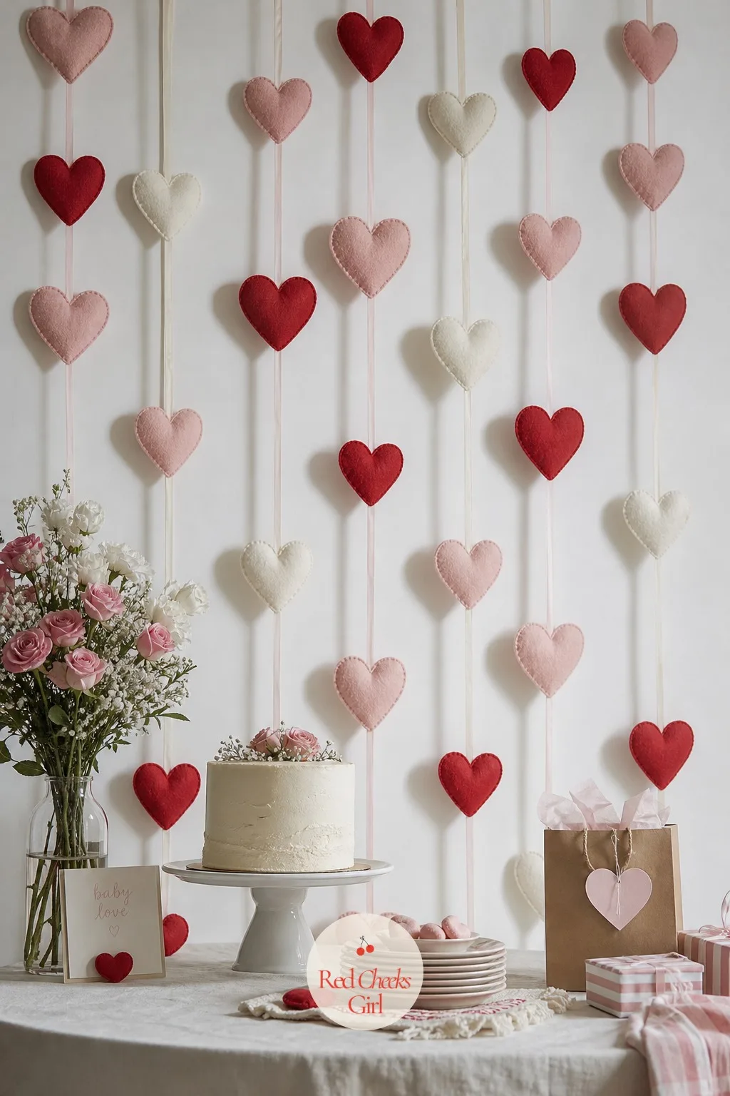 Hanging Fabric Heart Backdrop — A blank wall behind the gift chair reads as unfinished no matter how good the food is. Valentine baby shower