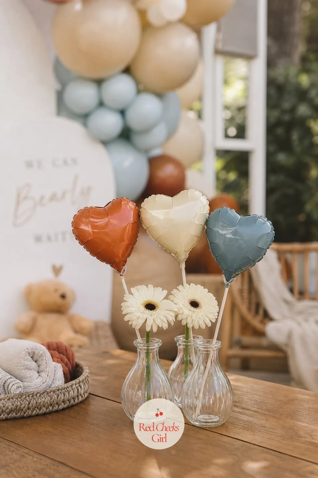 Heart Balloon Bud Vase Trio — For a boy or neutral table where candy jars feel too sugary, three small bud vases holding a single stem each, with a tiny heart