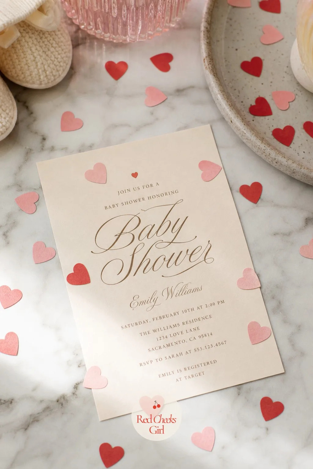 Heart Confetti Invitation — She will judge the whole party off this one card before she even RSVPs. Valentine baby shower