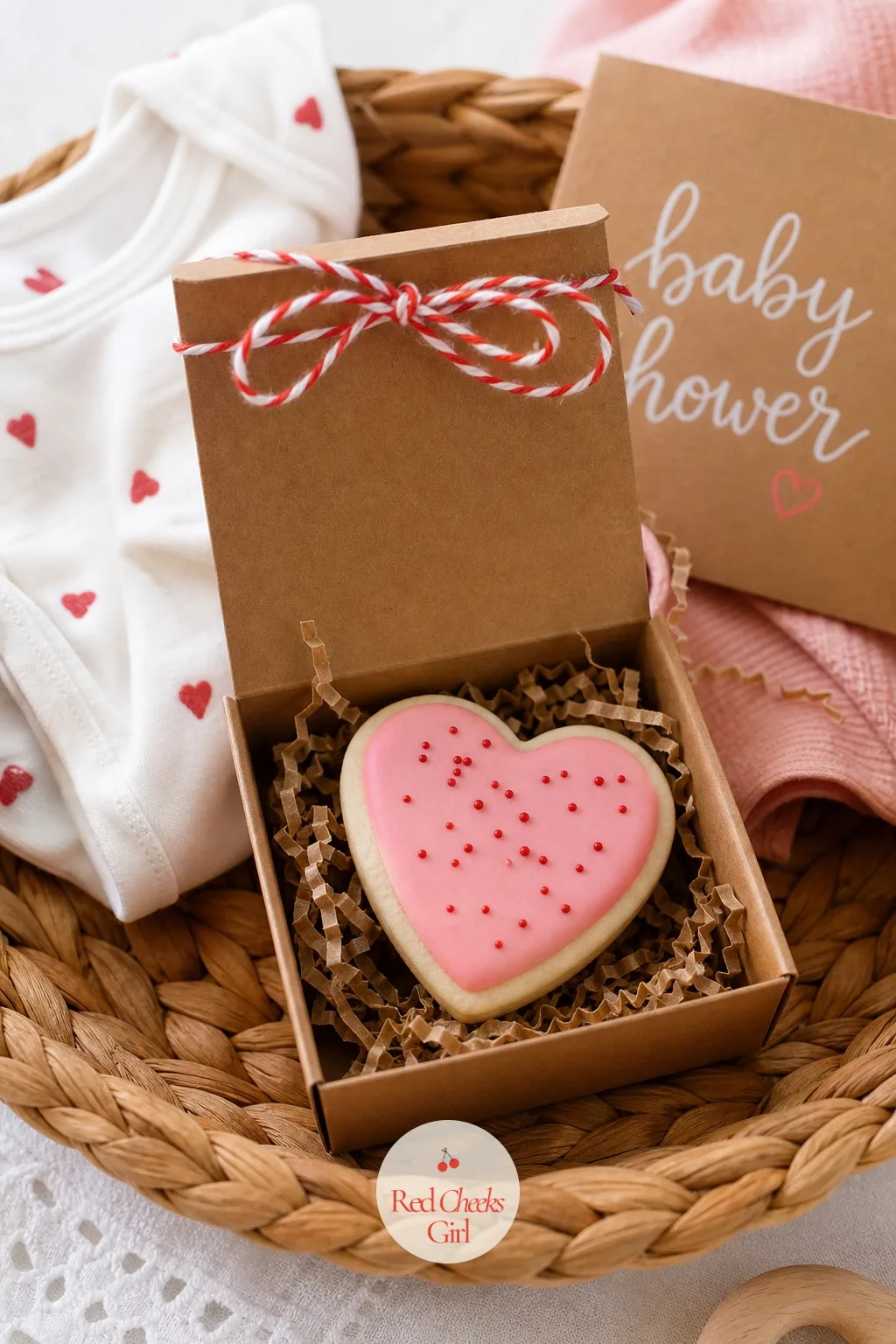 Heart Cookie Favor Box — A single frosted heart cookie, wrapped and tucked into a small kraft box tied with red and white baker's twine, sitting in a basket by