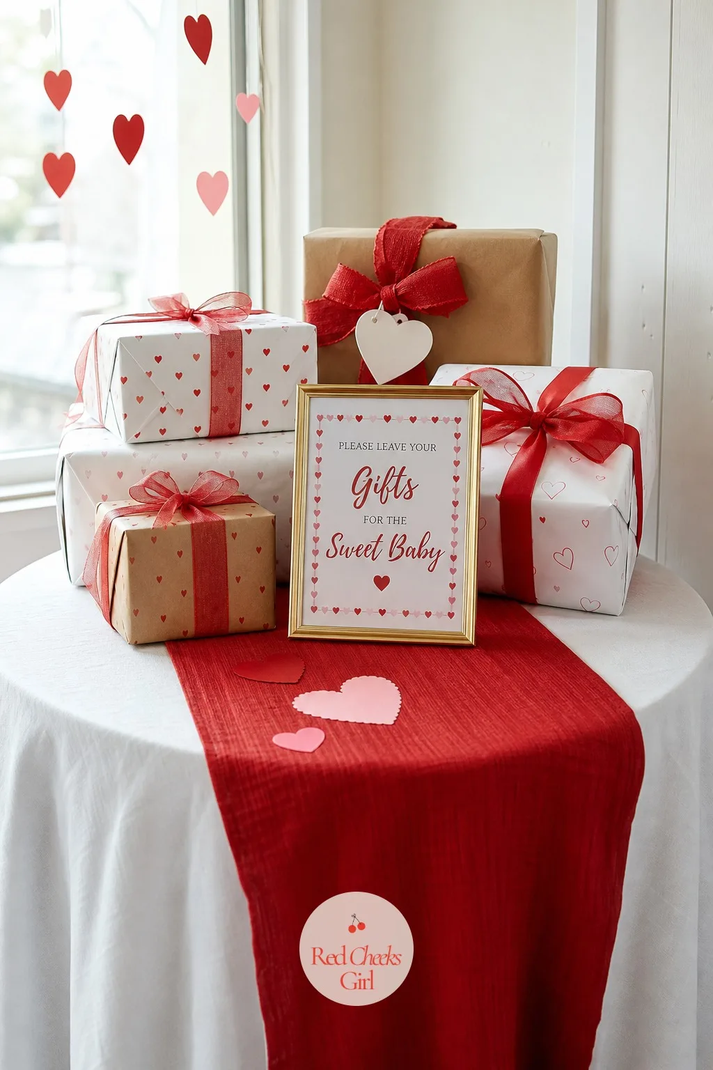 Heart Runner Gift Table — The gift table gets glanced at for about five seconds by most guests, so it only needs to look tended, not elaborate. Valentine baby