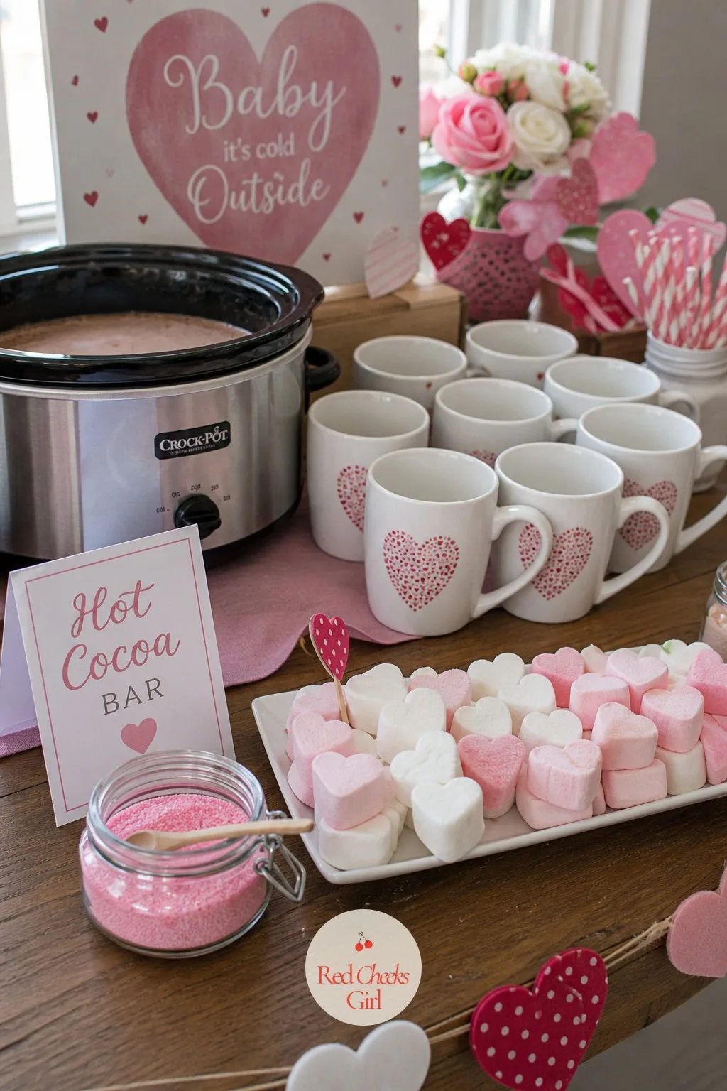 Hot Cocoa Bar with Heart Marshmallows — February weather makes a warm drink station feel thoughtful rather than extra. Valentine baby shower