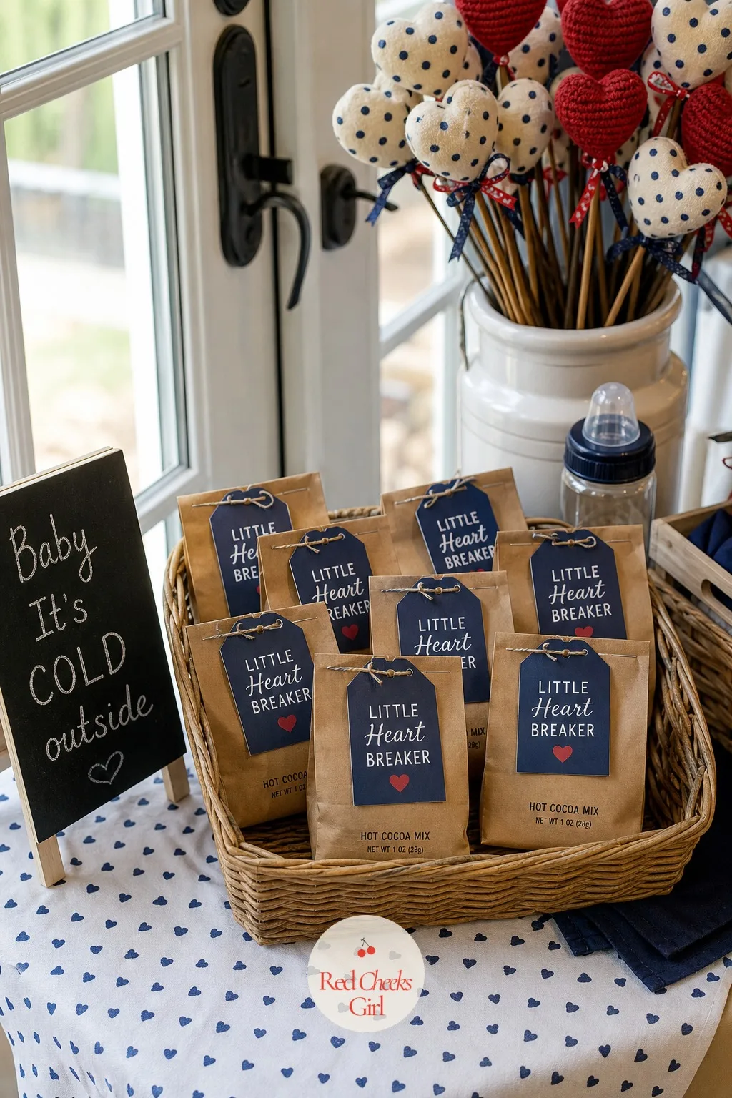 Little Heartbreaker Hot Cocoa Favor — For a boy shower, send guests home with a single-serve hot cocoa packet, the top folded and stapled with a small navy tag