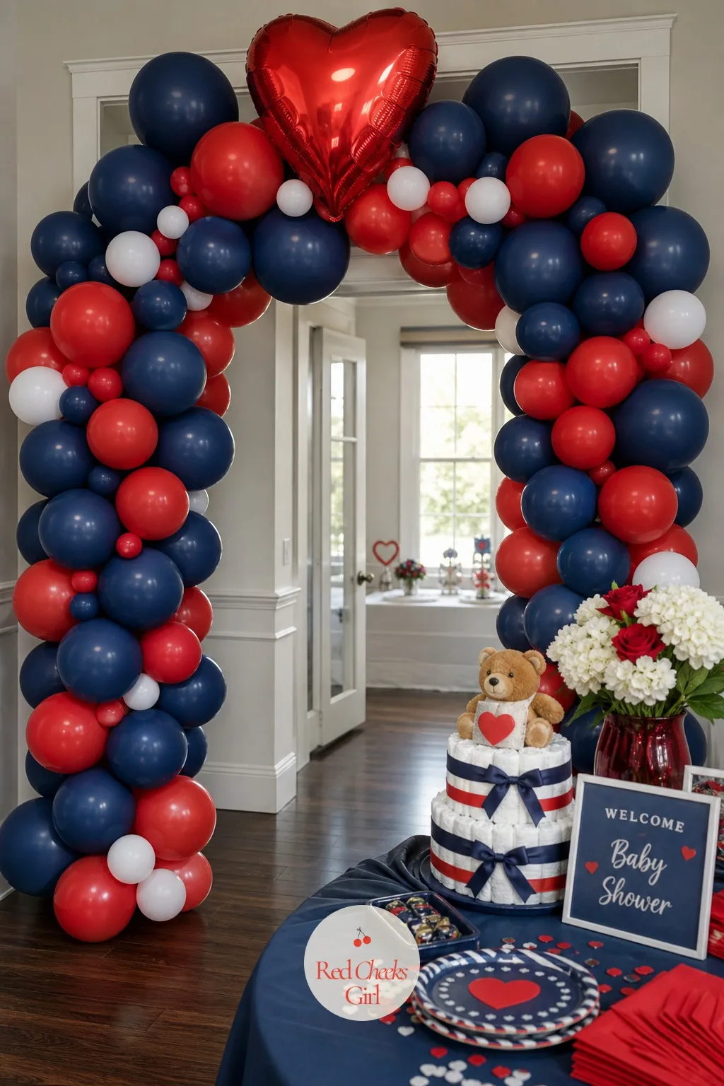 Navy and Red Heart Balloon Arch — Who says the arch has to be pink to be romantic. Valentine baby shower