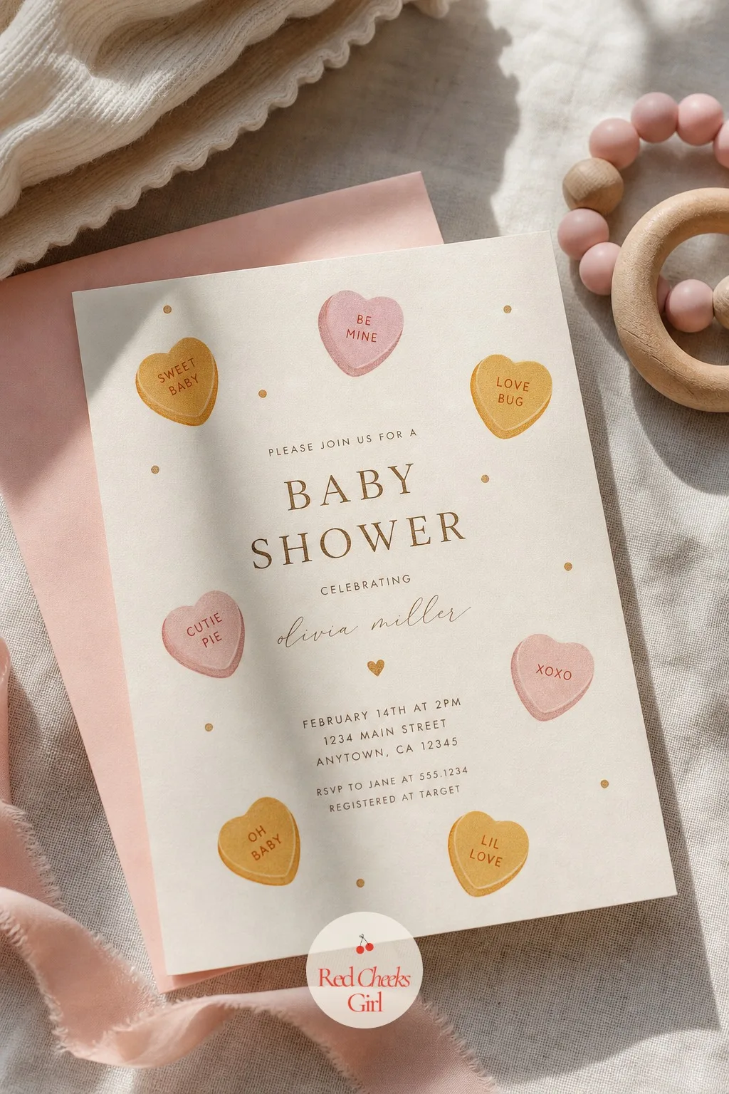 Neutral Conversation Heart Invitation — No bump reveal yet, no color commitment required. Valentine baby shower