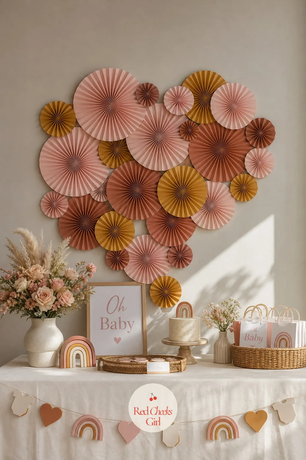Neutral Paper Heart Fan Backdrop — For the shower that is skipping pink and blue altogether, paper fans in blush, mustard and terracotta folded into half-heart