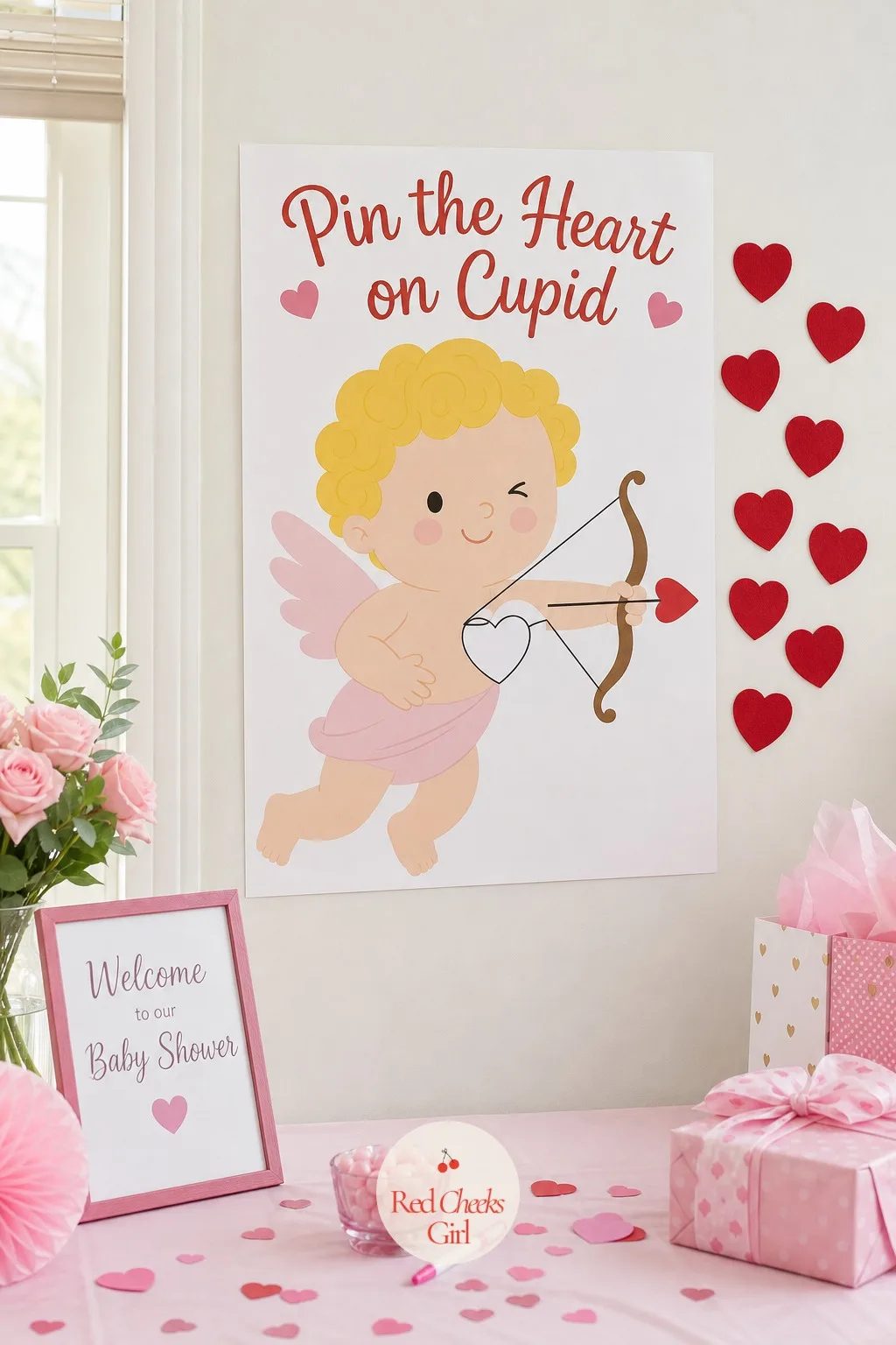 Pin the Heart on Cupid — A large felt or poster board cupid figure gets mounted on the wall at guest height, minus one red felt heart where his bow would