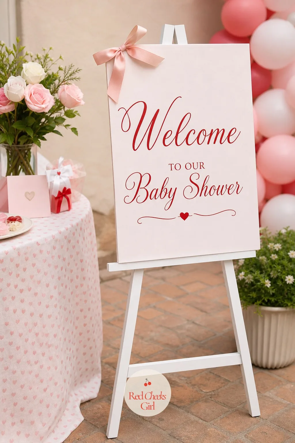 Pink Script Welcome Sign — She walks in, sees the sign, and knows she is in the right room: a wooden easel holding a white sign painted with 'a little