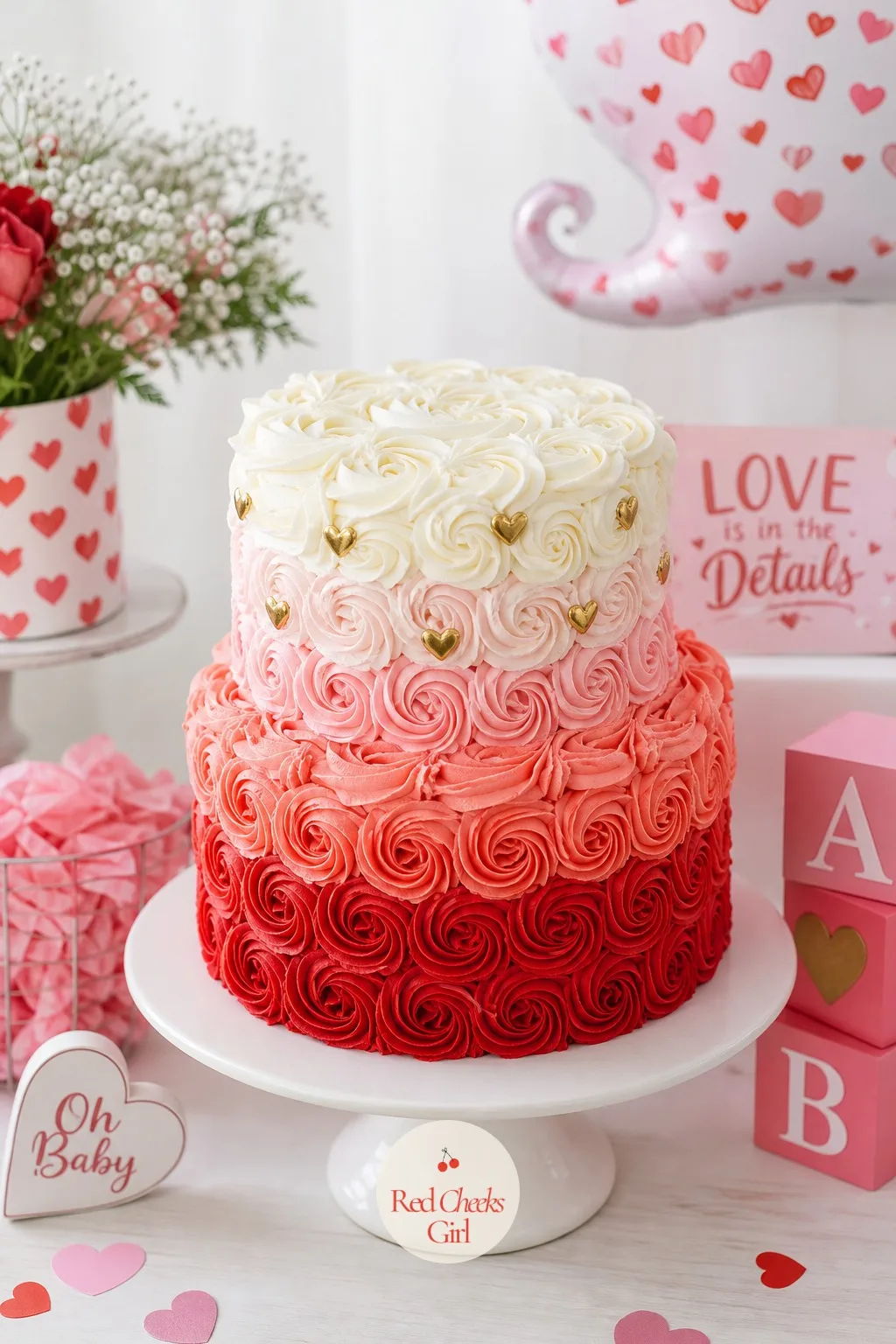 Red Ombre Heart Rosette Cake — Buttercream rosettes piped from white at the bottom to deep cherry red at the top, a scatter of edible gold hearts pressed into