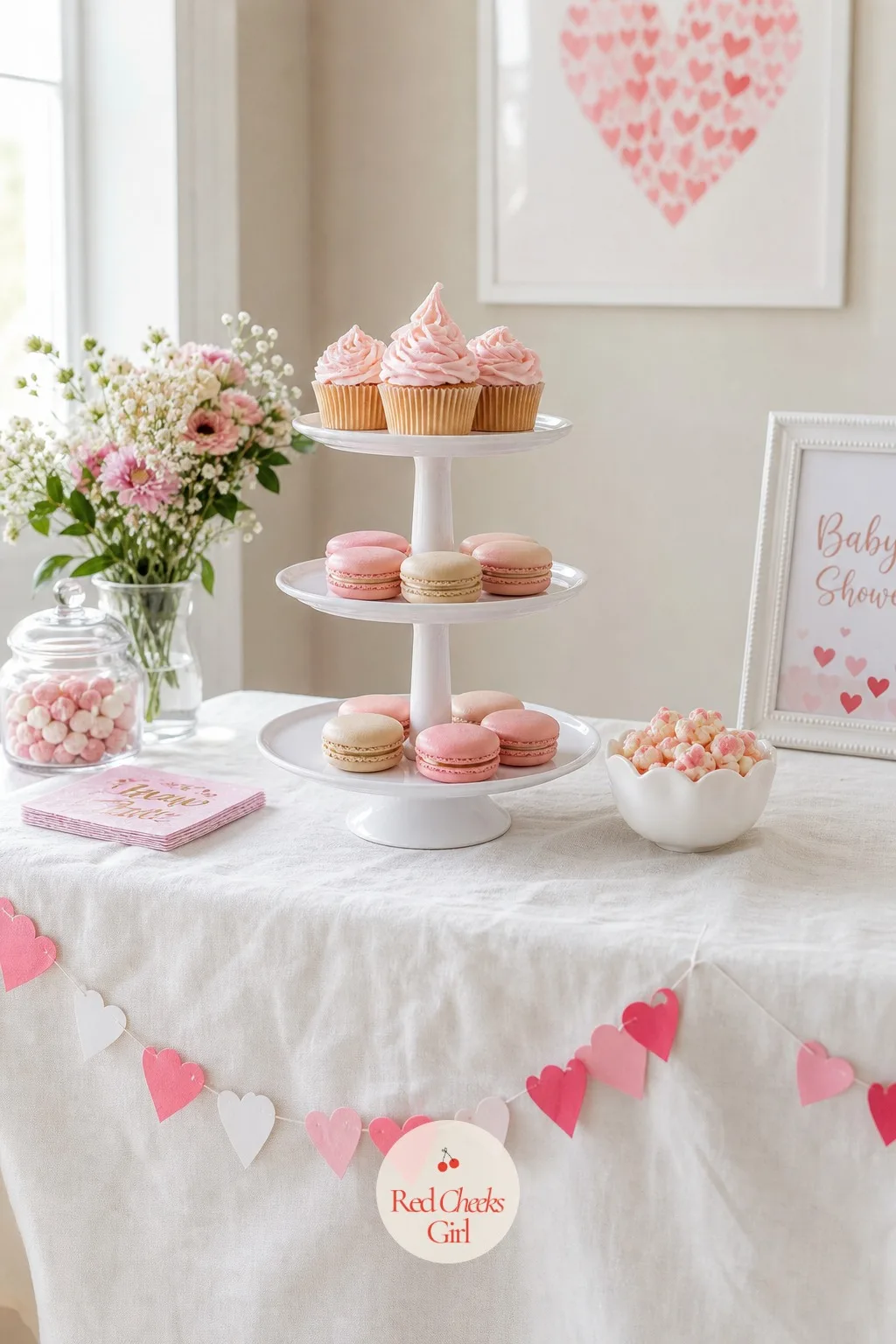 Tiered Heart Garland Dessert Table — One tall centerpiece needs a stage, not a cluttered table underneath it. Valentine baby shower