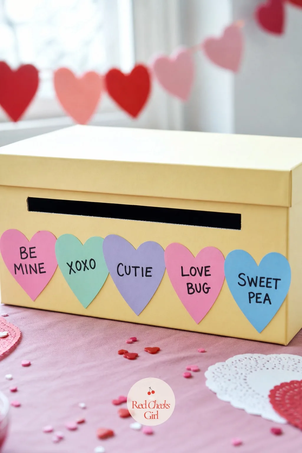 Conversation Heart Box — Words do the decorating here instead of shapes. Valentine box ideas for school