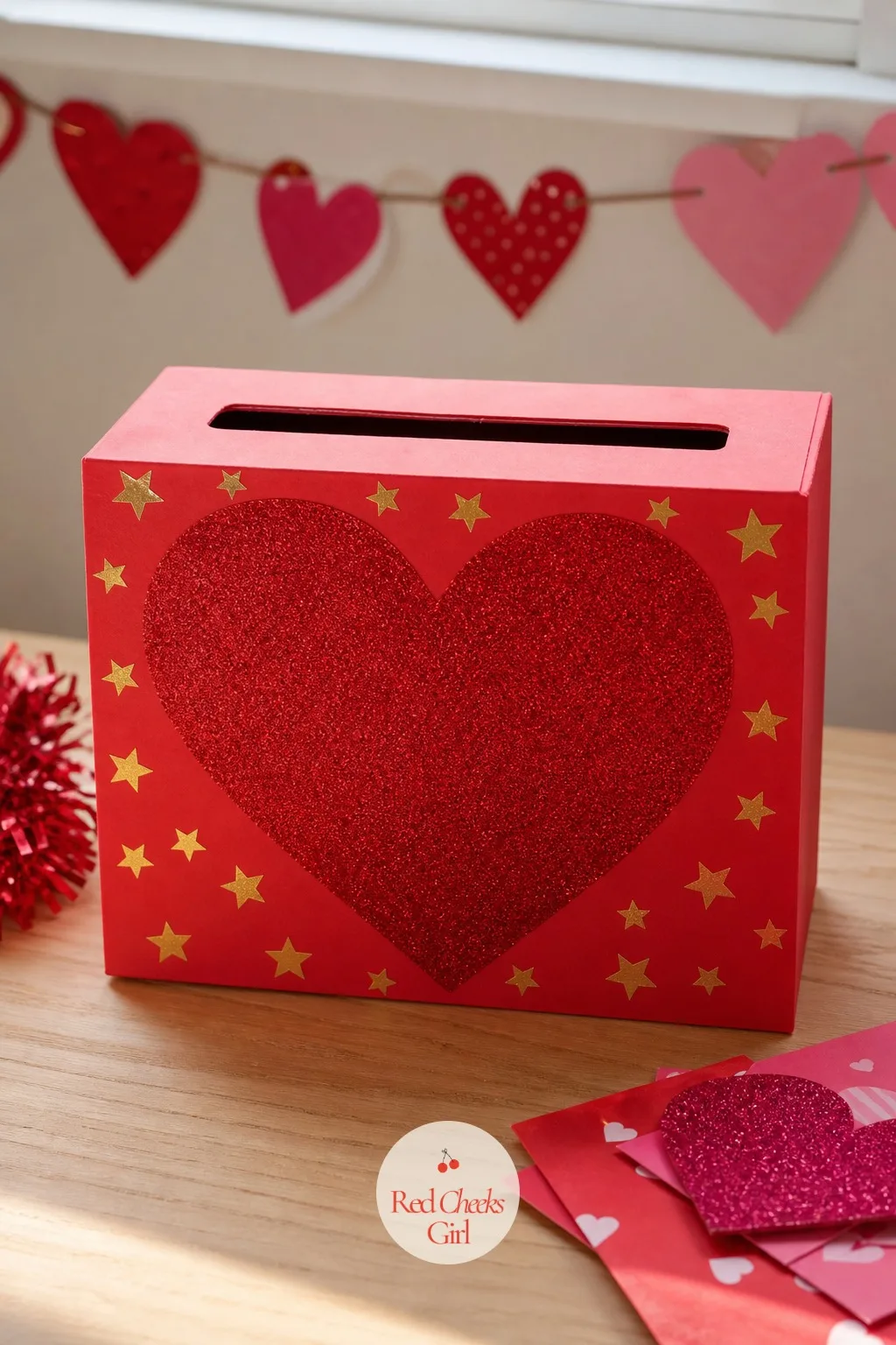 Glitter Heart Tissue Box — This is the one for the night before, when patience and glue sticks have both run thin. Valentine box ideas for school