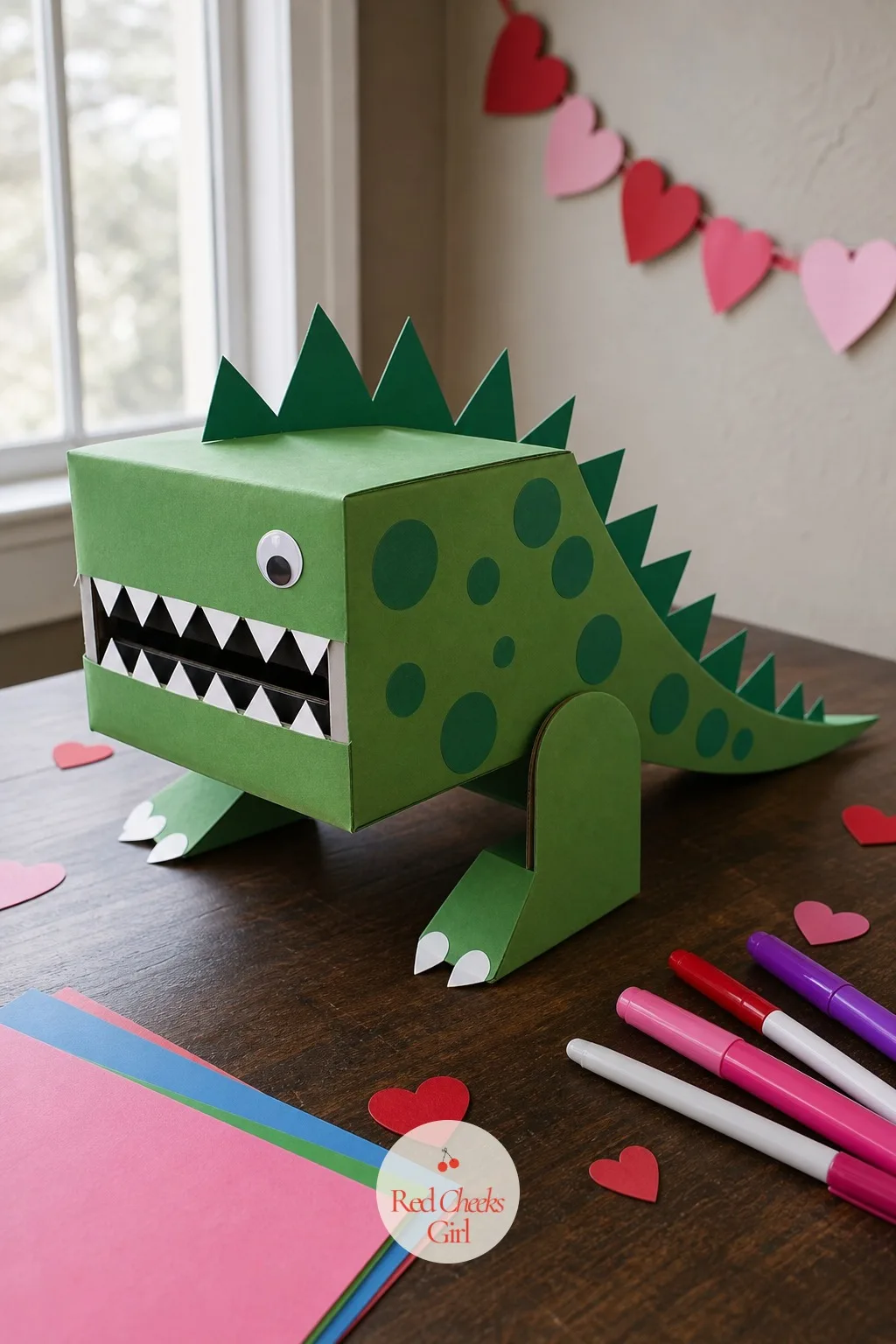 Stomping Dinosaur — Green paper and a row of spikes turn a plain box into something with actual presence on the shelf. Valentine box ideas for school