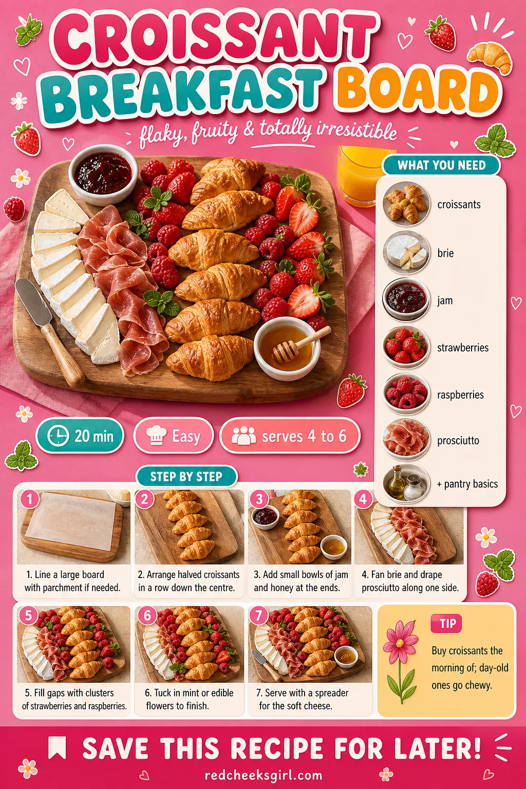 Croissant Breakfast Board Recipe Card printable sheet — Printable card for a croissant breakfast board. Valentine breakfast