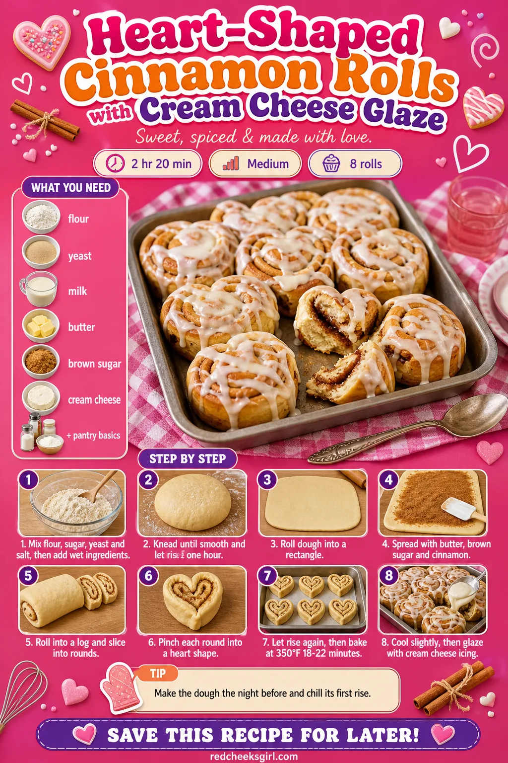 Heart-Shaped Cinnamon Rolls Recipe Card printable sheet — Printable card for heart-shaped cinnamon rolls. Valentine breakfast